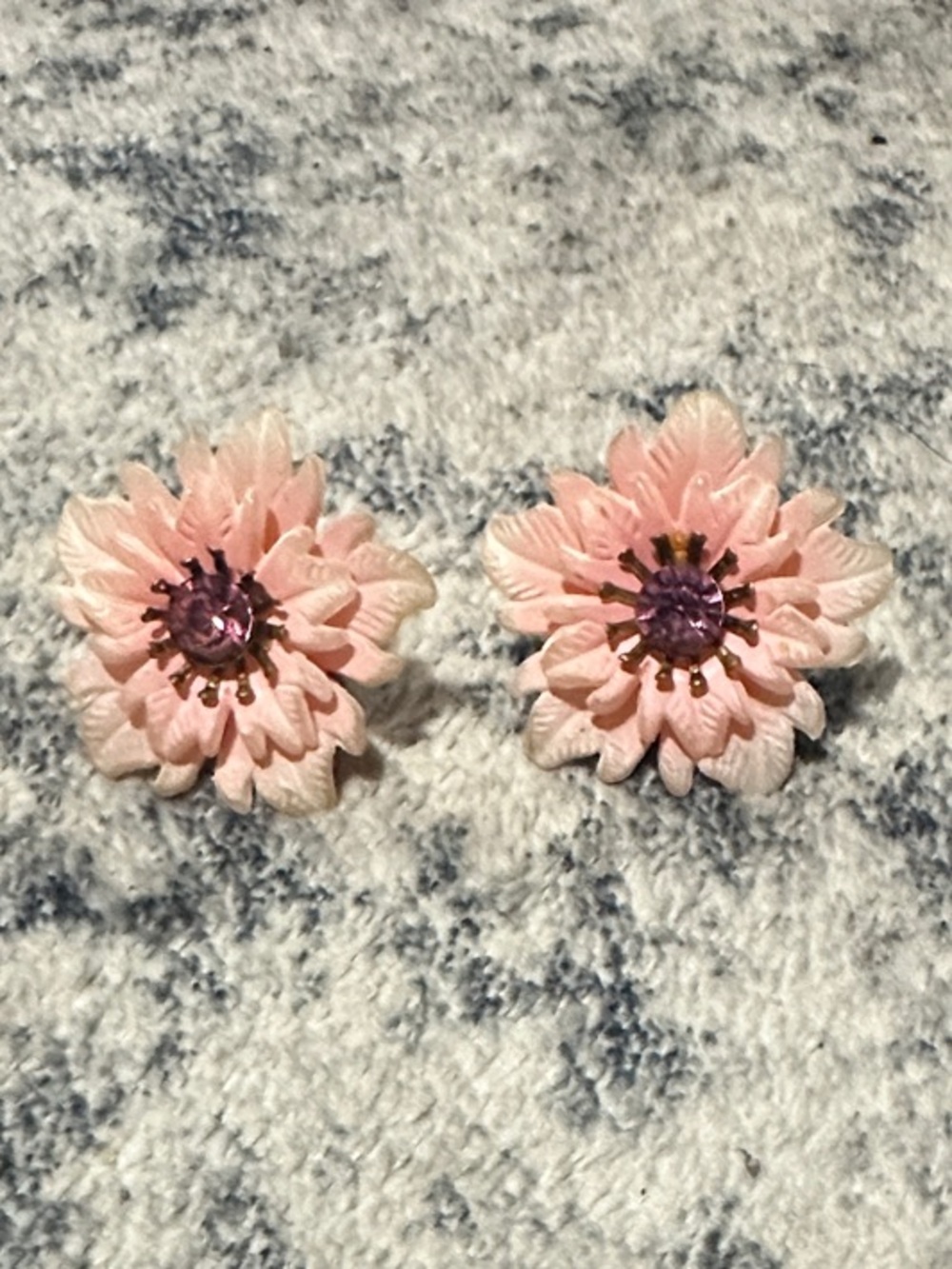 Vintage Pink Flower Earrings with Purple Center